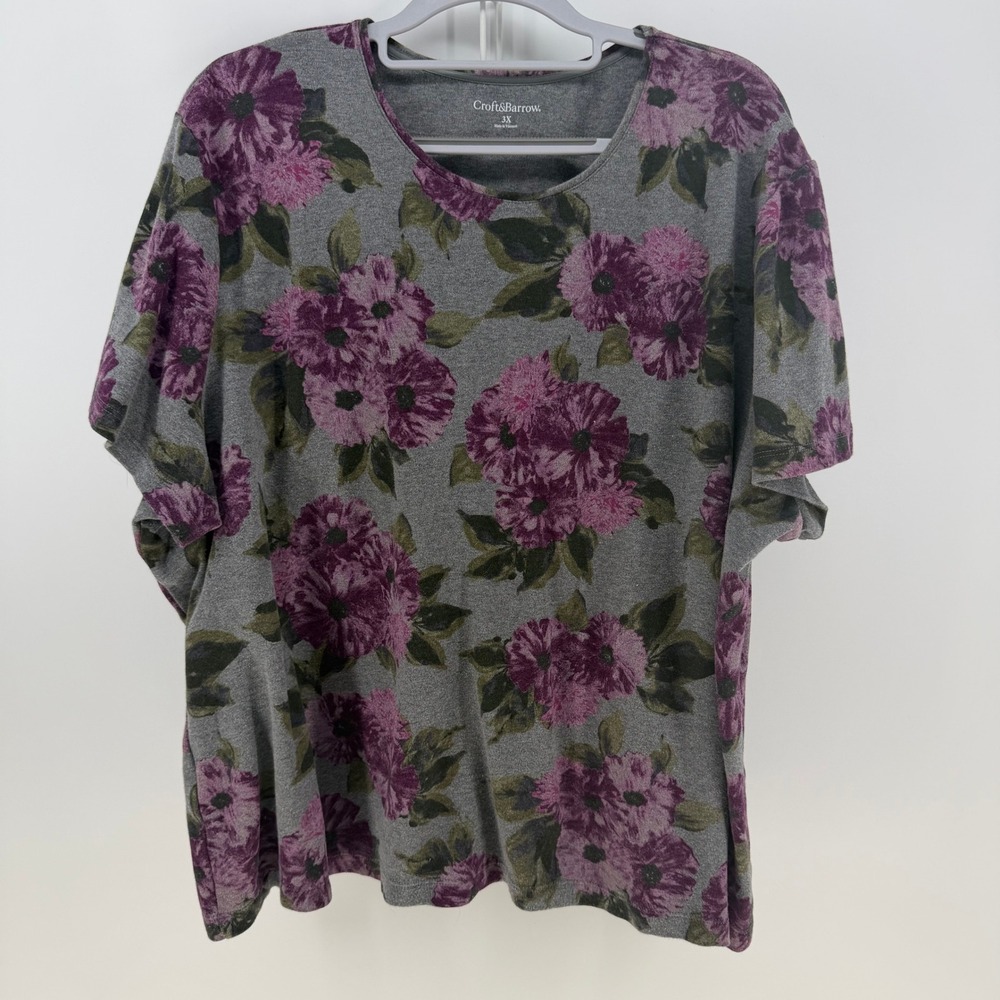 Croft & Barrow TShirt Women 3X Gray Purple Floral Cotton Short Sleeve Whimsigoth